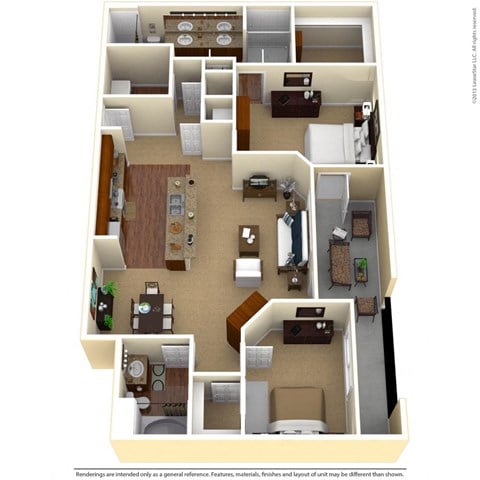 Floor plan for 2 beds, 2 baths, 1365 sqft